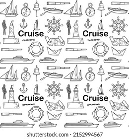 vector contur seamless pattern on the theme of sea cruise yacht, ship, lifebuoy, anchor