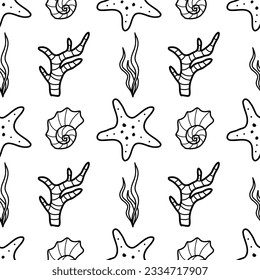 vector contur seamless pattern on the theme of sea cruise shell, starfish, coral, algae