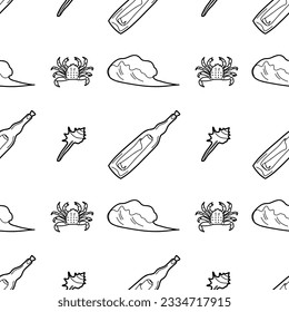 vector contur seamless pattern on the theme of sea cruise crab, letter bottle, wave