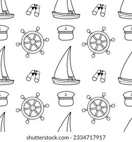 vector contur seamless pattern on the theme of sea cruise rudder, sail, binoculars