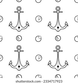 vector contur seamless pattern on the theme of sea cruise anchor, pearl