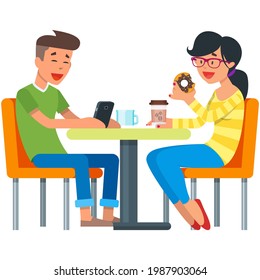 Conversación vectorial del personaje de pareja o amigos en la cafetería