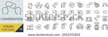 Vector Conversation Line Art Icon Set with Editable Lines (Not Outlined)