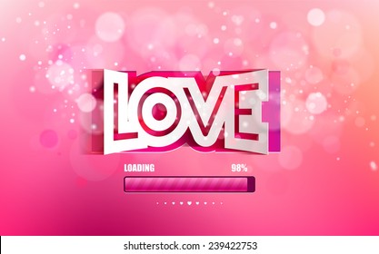 Vector convex paper inscription love cut on a pink background with bokeh and light. Happy Valentines Day Card Design. 14 February. Blurred Soft Background bars with Loading text
