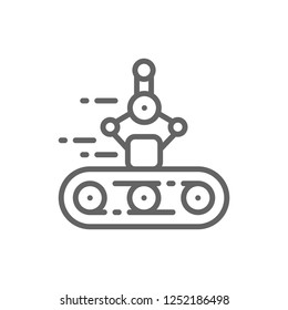 Vector conveyor belt, mechanical arm, robotic packaging line icon. Symbol and sign illustration design. Isolated on white background