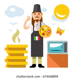 Vector Cook pizza. Flat style colorful Cartoon illustration.