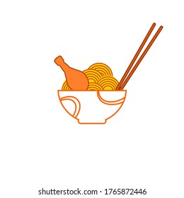 Vector Cooked Noodle With Chicken In A Bowl With Chopstick On White