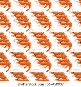 Vector Cooked Red Shrimps Seamless Pattern on White Background. Exquisite Sea Food.