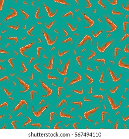 Vector Cooked Red Shrimps Seamless Pattern on Green Background. Exquisite Sea Food.