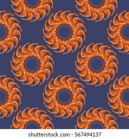 Vector Cooked Red Shrimps Seamless Pattern on Blue Background. Tasty Sea Food.