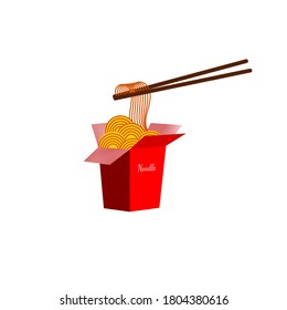 Vector Cooked Rice Noodle Or Instant Noodles In Red Paper Box Asian Food With Chopstick On White