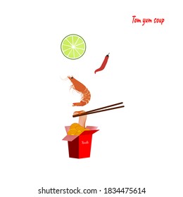 Vector cooked rice noodle or instant noodles with shrimp , lime , chilli spicy tom yum soup in red paper box asian food with chopstick on white