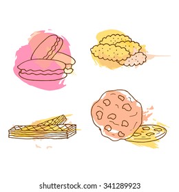 Vector cookie illustration. Set of hand drawn cookies with colorful splashes. Sweet macaroons and wafers.