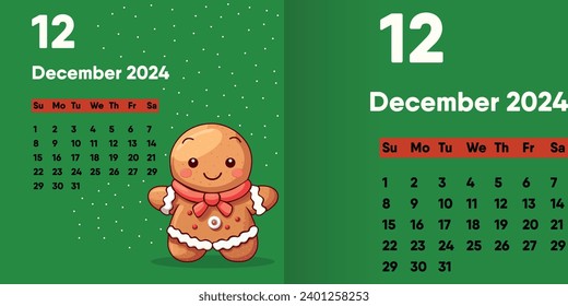 Vector сhristmas cookie man in the snow. Calendar for December 2024 with a gingerbread man, a funny cartoon character.