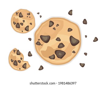 Vector of cookie and piece of brown biscuit. Sweet, chocolate, bakery, dessert. Can be used as logo, sign, symbol and icon of food, cafe, pastry. Printable and editable path. Isolated background. 