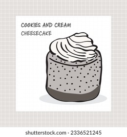 Vector of cookies and cream cheesecake on simple background. Hand drawn oreo cheesecake. Yummy a piece of cake with childish style. Graphic for banner, poster, logo, template, canvas. Illustration V10