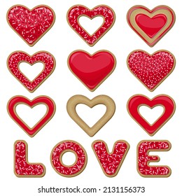 Vector cookies in the shape of hearts and letters folded into the word LOVE and covered with red glaze decorated with confectionery topping isolated on white background.