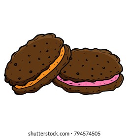 Vector cookies with stuffing. Homemade baking. Cookies with chocolate and raisins. Hand drawn. Biscuits with pink and orange cream.