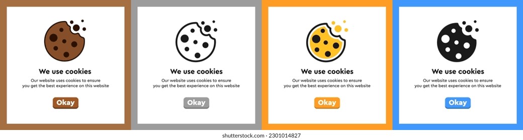 Vector cookies template set for website. Cookies web page design.