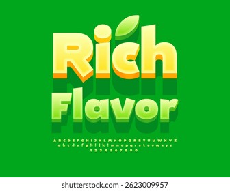 Vector Cooking Advertisement Rich Flavor. Trendy Green Font for Eco Logo. Decorative 3D Alphabet Letters and Numbers set.