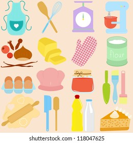 Vector of Cooking, Baking Tools in Pastel color, apron, mixer, egg, rolling pin, pie, dough, butter, flour, etc. A set of cute and colorful icon collection isolated on white background