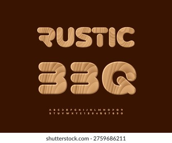 Vector Cooking banner Rustic BBG. Trendy Wooden Font. Tree textured Alphabet Letters and Numbers set.