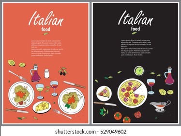 Vector cooking banner template with hand drawn objects on italian food theme: pizza, pasta, tomato, olive oil, olives, cheese, lemon, sauce. Ethnic cuisine concept. Italian cuisine hand drawn objects