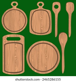 Vector - cooking board in wood or plastic, with spoons. illustration.