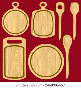 Vector - cooking board in wood or plastic, with spoons. illustration.