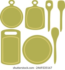 Vector - cooking board in wood or plastic, with spoons. illustration.