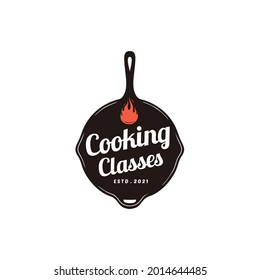 Vector Cooking Class logo. Vintage old skillet cast iron logo design restaurant	