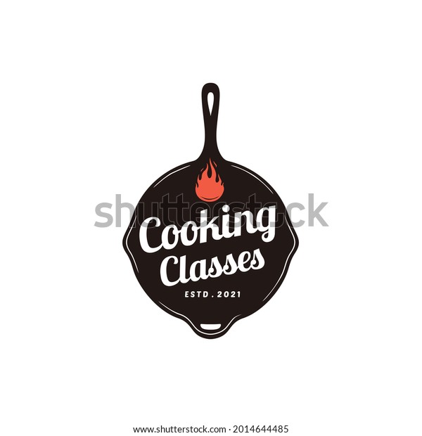 Vector Cooking Class logo. Vintage old\
skillet cast iron logo design\
restaurant	