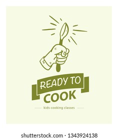 Vector cooking classes logo design template with hand drawn hand, spoon, ribbon icon isolated on light green background. For culinary workshop emblem, online cooking courses, restaurant cooking class.