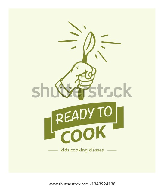 Vector cooking classes logo design template with\
hand drawn hand, spoon, ribbon icon isolated on light green\
background. For culinary workshop emblem, online cooking courses,\
restaurant cooking\
class.