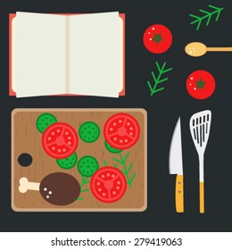 Vector cooking flat background. Salad and kitchen tools.