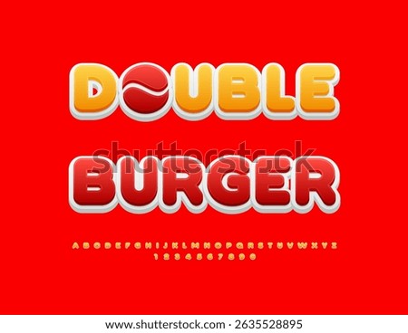 Vector Cooking flyer Double Burger. Artistic Uppercase Font. Round Alphabet Letters, Numbers and Symbols