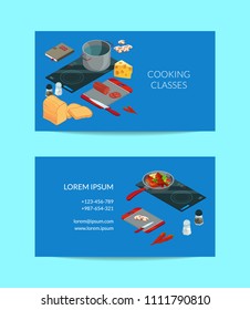 Vector cooking food isometric objects business card template for chef school illustration