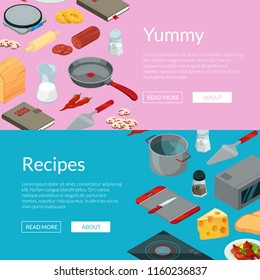 Vector cooking food isometric objects horizontal web banners and poster illustration