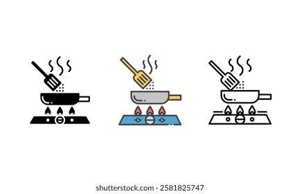 Vector cooking icon featuring a lit stove, a pot, and a spatula, with smoke elements for added detail. Outline, Glyph and Filled Outline Style