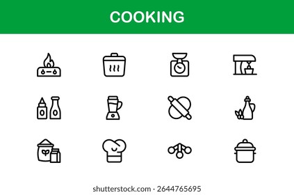 Vector Cooking Icons Collection with Minimal Style Illustrations of Utensils, Ingredients, and Kitchen Elements