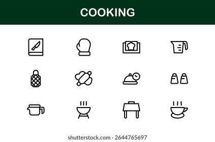 Vector Cooking Icons Collection with Minimal Style Illustrations of Utensils, Ingredients, and Kitchen Elements