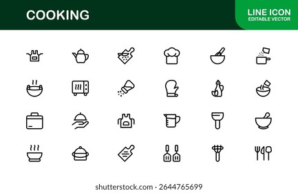 Vector Cooking Icons Collection with Minimal Style Illustrations of Utensils, Ingredients, and Kitchen Elements