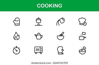 Vector Cooking Icons Collection with Minimal Style Illustrations of Utensils, Ingredients, and Kitchen Elements
