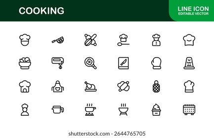 Vector Cooking Icons Collection with Minimal Style Illustrations of Utensils, Ingredients, and Kitchen Elements