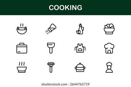 Vector Cooking Icons Collection with Minimal Style Illustrations of Utensils, Ingredients, and Kitchen Elements