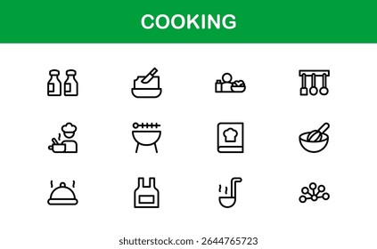 Vector Cooking Icons Collection with Minimal Style Illustrations of Utensils, Ingredients, and Kitchen Elements
