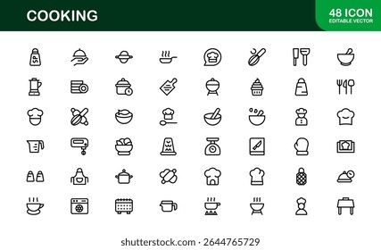 Vector Cooking Icons Collection with Minimal Style Illustrations of Utensils, Ingredients, and Kitchen Elements