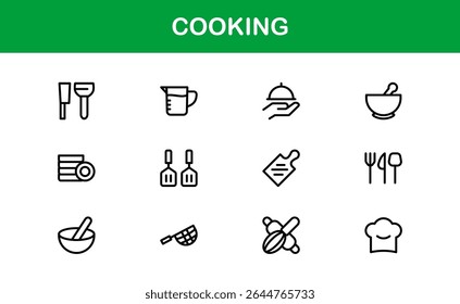 Coleção de ícones de cozinha vetorial com ilustrações de estilo minimal de utensílios, ingredientes e elementos de cozinha