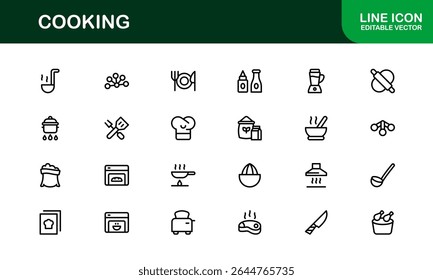 Vector Cooking Icons Collection with Minimal Style Illustrations of Utensils, Ingredients, and Kitchen Elements