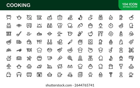 Vector Cooking Icons Collection with Minimal Style Illustrations of Utensils, Ingredients, and Kitchen Elements